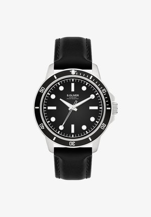 Montre à bracelet en cuir noir avec un boîtier rond en acier inoxydable argenté, cadran noir, index des heures blancs et une lunette tournante. Résistante à l'eau jusqu'à 50 mètres.