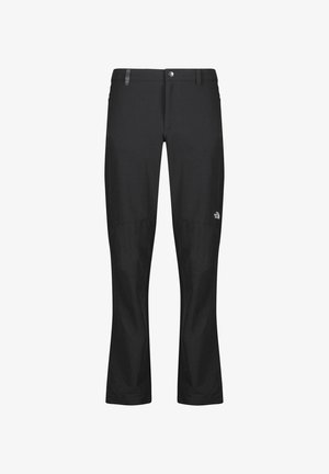 Černé venkovní kalhoty vyrobené z odolné tkaniny, s uzavíráním na knoflík a zip, poutky na opasek a logem na dolní části nohy.