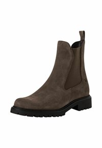 Bottines Chelsea en daim marron avec des panneaux latéraux élastiques, un bout arrondi et une semelle en caoutchouc texturée, dotées d'une languette à l'arrière pour un enfilage facile.