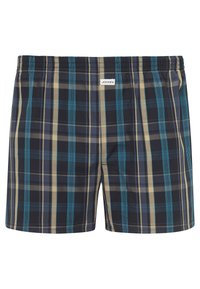 Pantaloni boxer blu navy, con un motivo a quadri con righe blu, gialle e nere. Vita elastica con etichetta bianca.