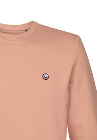 Felpa a maniche lunghe rosa chiaro in cotone, con scollo rotondo e un piccolo logo circolare sul petto in colori a contrasto.