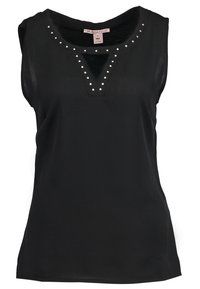 Svart ärmlös topp med V-ringning och dekorativa silvernitar längs halsringningen. Tillverkad av lättviktigt material, den har en avslappnad passform.