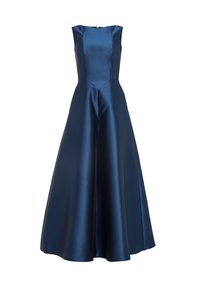 Navyblaues Satinabendkleid mit tailliertem Oberteil, ärmellosem Design und ausgestelltem Rock. Verfügt über einen Rückenzipper und eine glatte Textur.
