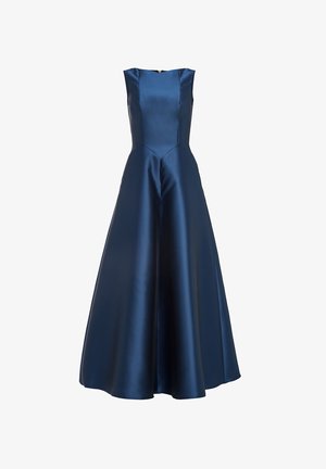 Robe en satin bleu marine avec un corsage ajusté, design sans manches et jupe évasée. Elle présente une fermeture éclair au dos et une texture lisse.