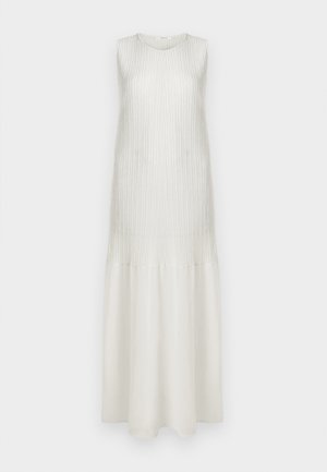 Sleeveless, white maxi dress with a ribbed texture on top and smooth fabric at the bottom. Features a round neckline and an A-line silhouette.