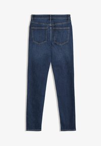 Temno modri denim skinny jeans z visokim pasom in dvema zadnjima žepoma. Gladka tekstura s kontrastnim šivi.