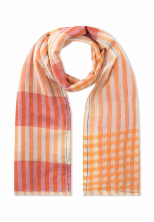 Leichter Schal mit abwechselnden vertikalen und horizontalen Streifen in Orange-, Pfirsich-, Creme- und Rottönen, locker in der Mitte zusammengerollt.
