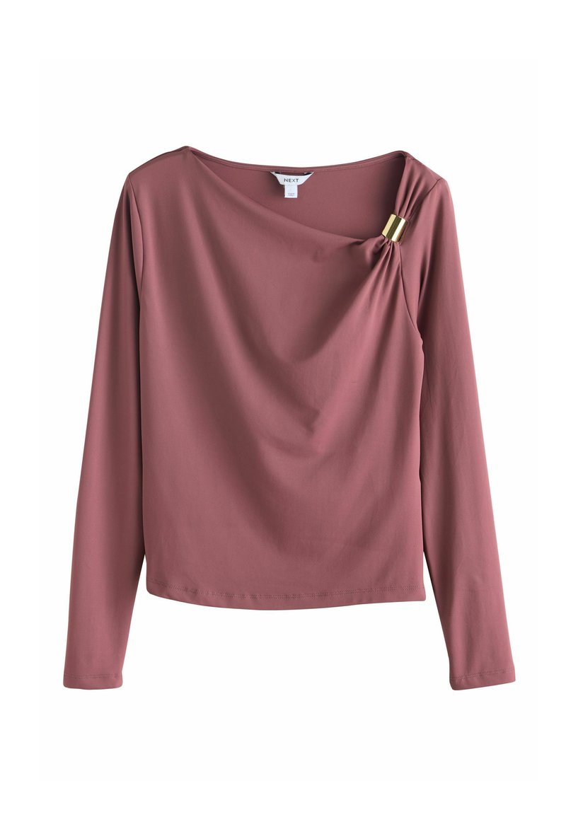 Langarmoberteil in stumpfem Rosa, mit einem drapierten Vorderteil und einem goldfarbenen Hardware-Detail. Glattes Material mit klassischem Rundhalsausschnitt.