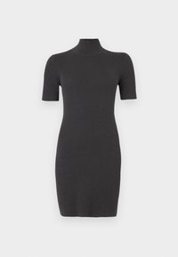 Ribbineul musta mekko, jossa on korkea kaulus ja lyhyet hihat. Tiimalasimallinen muotoilu, sileä pinta ja polvipituinen leikkaus.