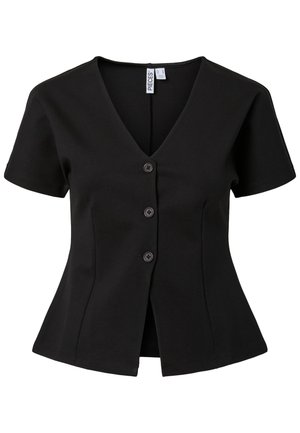 Black short-sleeve top with V-neck and three front buttons, tailored fit with slight flare at the waist.