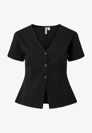 Crni top s kratkim rukavima, V-izrezom i tri gumba sprijeda, krojen s laganim proširenjem u struku.