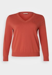 Pull-over à col en V de couleur orange rouille, doté de manches longues, de poignets et d'un ourlet côtelés, d'une texture lisse et d'un petit logo sur la poitrine.