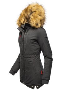 Parka jacket in dark gray with a large faux fur hood. Features front zip, button closure, and two side pockets; ribbed cuffs.