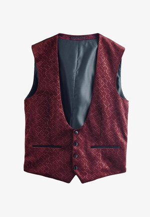 Burgundy vest made from textured fabric with a diamond pattern, featuring a deep V-neck, button front, and black accent lines.