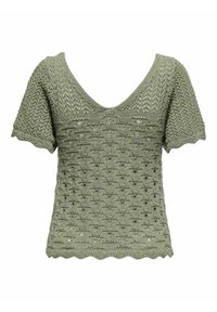 Top corto de punto verde con mangas cortas y escote en V, que presenta un patrón texturizado de calados y un detalle de borde festoneado.