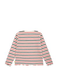 Maglia a maniche lunghe a strisce con strisce orizzontali rosse, blu navy e crema, texture a costine e orli a onda sulle maniche e sul fondo.