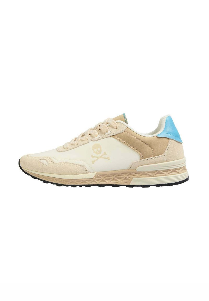 Beige and white athletic shoes with a smooth and suede texture. Features a skull and crossed bones logo, light blue accent on the heel, and patterned sole.