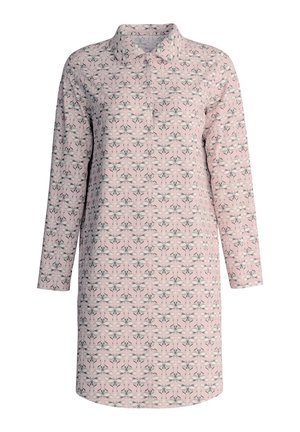 Long-sleeve dress in light pink fabric with an all-over floral pattern in black and grey. Features a collar and a straight cut.