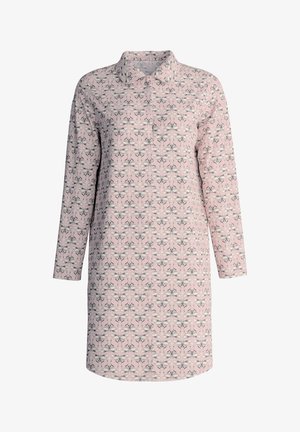 Long-sleeve dress in light pink fabric with an all-over floral pattern in black and grey. Features a collar and a straight cut.