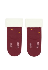 Rote Knöchelsocken mit einem weißen Fleece-Bund, ausgestattet mit kleinen gelben Akzenten und bedrucktem Text. Weicher Stoff und passgenauer Sitz.