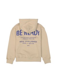 Beige Kapuzenpullover mit einer nach vorn gerichteten Kapuze, langen Ärmeln und grafischem Text in Blau auf dem Rücken, sowie Rippbündchen und Saumdetails.