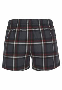 Heren geruite shorts met een rekbare tailleband, voornamelijk grijs met rode en witte accenten in een ruitpatroon, vervaardigd van zachte stof.