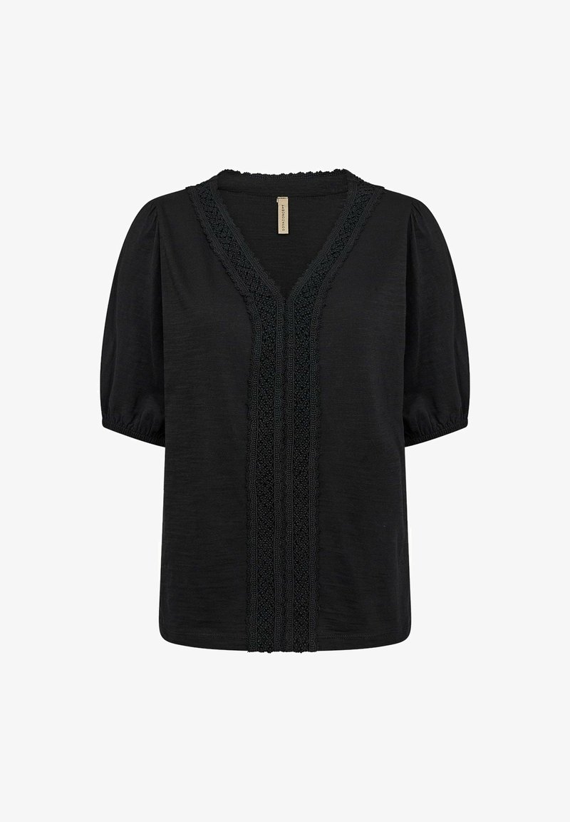 Top nero a maniche corte con scollo a V, caratterizzato da un bordo in pizzo testurizzato al centro e maniche a palloncino. Tessuto liscio con un leggero lucido.