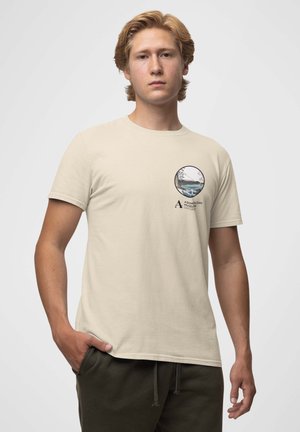 Beige bomulds T-shirt med et rundt grafisk motiv, der viser et landskab og tekst for Ashmolean Museum. Korte ærmer, casual pasform.