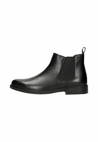 Černé kožené kotníkové boty s elegantním designem, elastickými bočními panely, zaoblenou špičkou a nízkým blokovým podpatkem pro stabilitu.