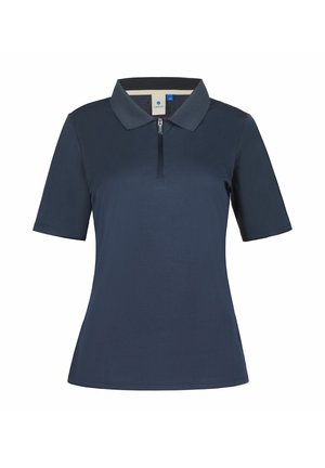 Marineblaues Poloshirt aus glattem Stoff mit einem Kragen und kurzen Ärmeln. Mit einem Reißverschluss-Detail vorne.