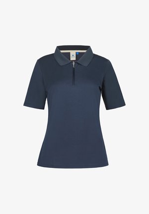 Mørkeblå polo i glat stof med krave og korte ærmer. Inkluderer en lynlåsdækning foran.