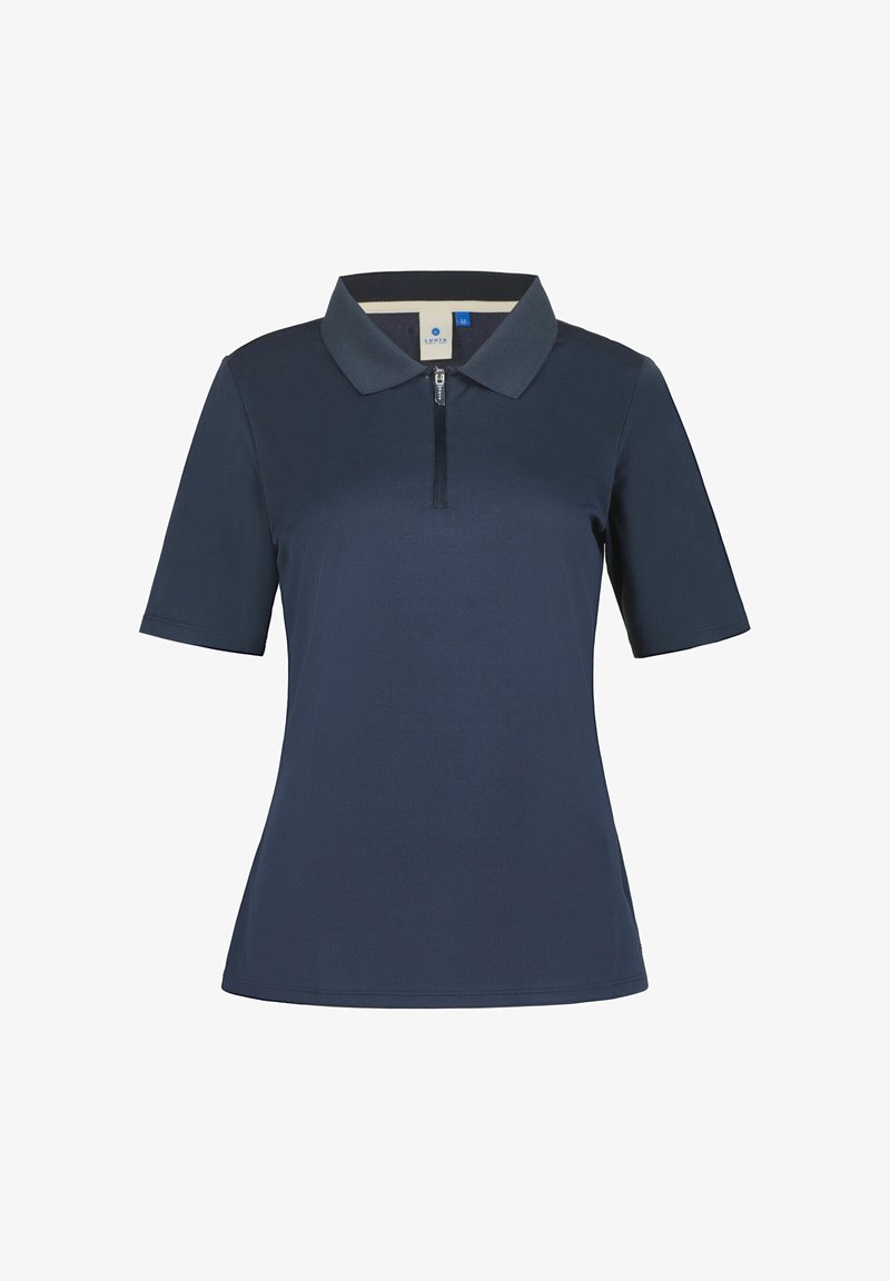 Marineblaues Poloshirt aus glattem Stoff mit einem Kragen und kurzen Ärmeln. Mit einem Reißverschluss-Detail vorne.