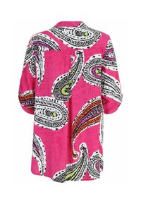Kurzärmliges Hemd aus kräftigem pinkem Stoff mit Paisley-Muster. Verziert mit schwarzen, weißen und bunten Akzenten. Mit klassischem Kragen und lockerer Passform.