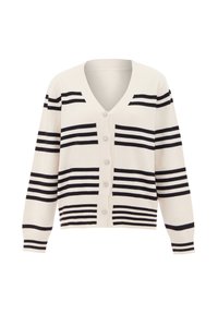 Crème kleurige cardigan met zwarte horizontale strepen, V-hals, lange mouwen en zes knoopsluitingen met decoratieve accenten. Zachte textuur.