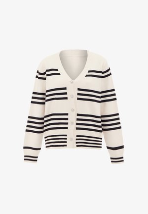 Krémový kardigan s černými horizontálními pruhy, véčkovým výstřihem, dlouhými rukávy a šesti knoflíkovým zapínáním se dekoračními akcenty. Měkká textura.