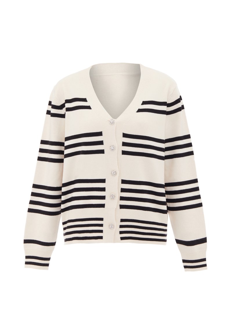 Crème kleurige cardigan met zwarte horizontale strepen, V-hals, lange mouwen en zes knoopsluitingen met decoratieve accenten. Zachte textuur.