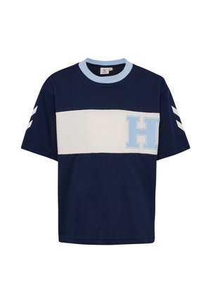 Mørkeblå t-shirt med korte ærmer med en bred hvid vandret stribe og et stort lyseblåt bogstav H på brystet.