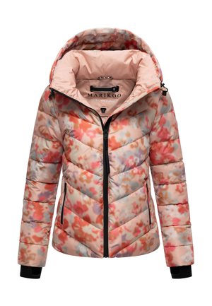 Veste matelassée avec imprimé floral dans des teintes de rose, orange et bleu. Dotée d'une capuche, de détails de fermeture éclair noirs et de poignets élastiques. Légère et texturée.