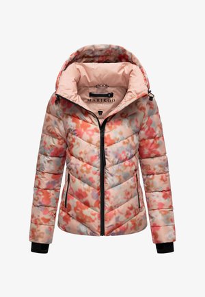 Padded jacket with floral print in pink, orange, and blue hues. Features a hood, black zipper details, and elastic cuffs. Lightweight and textured.