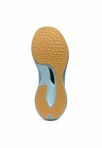 Jasnoniebieska podeszwa do sneakersów z teksturowaną gumową podeszwą w kolorze kauczukowym, z wzorzystym uchwytem i szczegółowymi wycięciami po bokach.