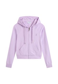 Lila, kurz geschnittene Kapuzenjacke aus weichem Material, mit einem Frontreißverschluss, zwei Seitentaschen und einer Kordelzugkapuze. Gesticktes Logo auf der Brust.