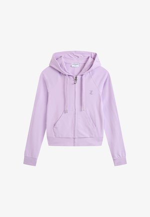 Paarse cropped hoodie van zachte stof, met een frontzipper, twee zijzakken en een capuchon met trekkoord. Geborduurd logo op de borst.