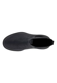 Bottines en cuir noir avec une finition lisse, un bout rond, des inserts élastiques sur les côtés et une languette pour un enfilage facile.