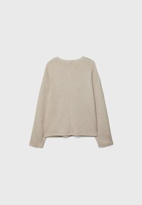 Beiges Sweatshirt mit langen Ärmeln, Rundhalsausschnitt und lockerer Passform. Weiches Material, einfarbige Textur und eine Rückennaht-Detailierung.