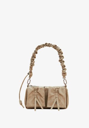 Beige suede handbag with a gathered fabric handle, two front pockets with cinched closures, and subtle texture accents.