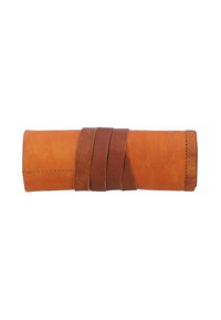 Leather roll pencil case in warm tan, featuring a dark brown leather strap for closure. Smooth texture with visible stitching accents.