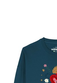 Chemise bleu marine avec un graphique coloré de fleurs et de cœurs sur le devant, featuring des fleurs roses, blanches et marron.