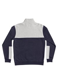 Marinblå och grå färgblockerad sweatshirt med hög krage, tillverkad av mjukt tyg, har långa ärmar och sidofickor.