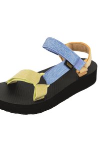 Sandales en textile bleu, jaune et gris avec des sangles réglables, semelles en caoutchouc noir texturé, et un design léger pour le confort.