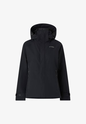 Sort vandtæt jakke med hætte, der har en høj krave, to frontlommer med lynlås og justerbare manchetter for en sikker pasform.